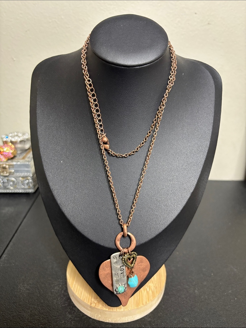 Boho Copper-Tone Layered Heart Pendant Long Necklace with Turquoise Accents